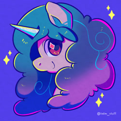 Size: 1500x1500 | Tagged: safe, artist:talim_stuff, izzy moonbow (mlp), equine, fictional species, mammal, pony, unicorn, feral, hasbro, my little pony, my little pony g5, spoiler, spoiler:my little pony g5, 2021, bust, female, gradient mane, horn, icon, mare, simple background, solo, solo female, sparkles, speculation