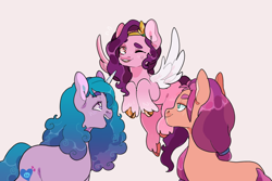 Size: 652x435 | Tagged: safe, artist:xeiphi, izzy moonbow (mlp), pipp petals (mlp), sunny starscout (mlp), earth pony, equine, fictional species, mammal, pegasus, pony, unicorn, feral, hasbro, my little pony, my little pony g5, spoiler, spoiler:my little pony g5, 2021, feathered wings, feathers, female, females only, flying, gradient mane, hooves, horn, looking at each other, mare, pipp wings, simple background, speculation, spread wings, tail, trio, trio female, unshorn fetlocks, white wings, wings