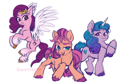 Size: 1280x871 | Tagged: safe, artist:equinoxette, izzy moonbow (mlp), pipp petals (mlp), sunny starscout (mlp), earth pony, equine, fictional species, mammal, pegasus, pony, unicorn, feral, hasbro, my little pony, my little pony g5, spoiler, spoiler:my little pony g5, 2021, armband, female, females only, flying, gradient mane, hooves, horn, mare, pipp wings, simple background, smiling, speculation, spread wings, tail, trio, trio female, unshorn fetlocks, white background, white wings, wings
