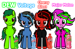 Size: 7588x4955 | Tagged: dead source, safe, artist:mrstheartist, oc, oc only, oc:cherry blast, oc:dew, oc:major melon, oc:voltage, earth pony, equine, fictional species, mammal, pegasus, pony, unicorn, feral, friendship is magic, hasbro, my little pony, absurd resolution, base used, bottle, cap, clothes, cute, female, front view, grin, group, happy, hat, hoodie, male, mare, mountain dew, ocbetes, ponified, red eyes, simple background, smiling, stallion, topwear, transparent background