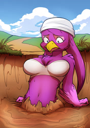 Size: 905x1280 | Tagged: suggestive, artist:keydima, wave the swallow (sonic), bird, songbird, swallow, anthro, sega, sonic riders, sonic the hedgehog (series), 2021, arm fluff, bandanna, beak, belly button, blue eyes, breasts, cheek fluff, chest fluff, cleavage, cleavage fluff, clothes, cloud, commission, day, detailed background, eyebrows, eyelashes, female, fluff, fur, gloves (arm marking), grass, looking down, mud, mud pit, open beak, open mouth, outdoors, purple body, purple fur, quicksand, shoulder fluff, sinking, solo, solo female, stuck, topwear, tube top, yellow beak