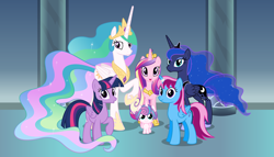 Size: 11200x6400 | Tagged: safe, artist:parclytaxel, princess cadence (mlp), princess celestia (mlp), princess flurry heart (mlp), princess luna (mlp), twilight sparkle (mlp), oc, oc:parcly taxel, alicorn, equine, fictional species, mammal, pony, feral, friendship is magic, hasbro, my little pony, .svg available, absurd resolution, blue body, blue hair, crown, detailed background, ethereal hair, female, filly, foal, group, hair, hooves, jewelry, looking at you, mare, multicolored hair, on model, open mouth, peytral, pink body, pink hair, pseudo hair, purple body, purple hair, raised hoof, raised leg, regalia, siblings, sister, sisters, smiling, sparkly hair, sparkly mane, sparkly tail, two toned hair, vector, white body, yellow hair, young