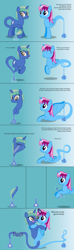 Size: 4096x13824 | Tagged: safe, artist:parclytaxel, oc, oc only, oc:nova spark, oc:parcly taxel, alicorn, equine, fictional species, genie, genie pony, mammal, pony, tatzlpony, unicorn, feral, friendship is magic, hasbro, my little pony, .svg available, absurd resolution, ain't never had friends like us, albumin flask, blue body, blushing, bottle, comic, duo, duo female, female, females only, geniefied, gradient background, green hair, hair, hug, magic, mare, multicolored hair, orange eyes, pink hair, purple eyes, rubbing, simple background, two toned hair, vector