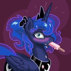 Size: 8000x8000 | Tagged: safe, artist:kp-shadowsquirrel, artist:parclytaxel, princess luna (mlp), alicorn, equine, fictional species, mammal, pony, feral, friendship is magic, hasbro, my little pony, .svg available, 1:1, 2016, absurd resolution, alternate hairstyle, blue hair, blushing, crown, ethereal hair, ethereal mane, female, food, hair, jewelry, looking at you, peytral, ponytail, popsicle, purple background, purple body, regalia, simple background, solo, solo female, sucking, vector, wide eyes