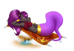 Size: 1280x896 | Tagged: safe, artist:feralmoonlight, fictional species, genie, mammal, mink, mustelid, anthro, belly, blue hair, ear piercing, eyes closed, eyeshadow, female, gray body, hair, hand on hip, lying down, magic carpet, magic lamp, makeup, midriff, on back, piercing, purple hair, simple background, sleeping, smiling, solo, solo female, stomach, top, transparent background, wrist cuff