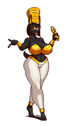 Size: 900x1500 | Tagged: safe, artist:blazbaros, oc, oc only, oc:djackie, anubian jackal, canine, jackal, mammal, anthro, barefoot, big breasts, black body, black hair, blue eyes, bottomwear, breasts, canopic jar, cap crown, clothes, egyptian, female, gold, hair, holding object, open mouth, shackles, simple background, smiling, solo, solo female, white background, white legwear, wrist cuff