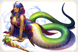 Size: 2000x1336 | Tagged: dead source, safe, artist:artsunisiju, fictional species, mammal, reptile, snake, humanoid, lamia, capcom, 2020, armor, bleu (breath of fire), blue eyes, blue hair, breasts, breath of fire, clothes, ear piercing, earring, female, green body, green scales, hair, high res, lying down, magic staff, piercing, pointy ears, prone, scales, snake tail, solo, solo female, sorceress, staff, tail