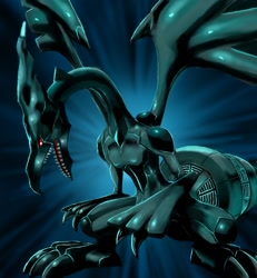 Size: 500x540 | Tagged: safe, artist:cosmo, dragon, fictional species, hybrid, legendary pokémon, red-eyes black dragon, zekrom, feral, nintendo, pokémon, yu-gi-oh!, 2011, ambiguous gender, black body, crossover, looking at you, red eyes, simple background, solo, solo ambiguous