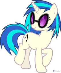 Size: 4000x4710 | Tagged: safe, artist:parclytaxel, vinyl scratch (mlp), equine, fictional species, mammal, pony, unicorn, feral, friendship is magic, hasbro, my little pony, .svg available, absurd resolution, blue hair, female, glasses, hair, happy, hooves, mare, multicolored hair, on model, raised hoof, raised leg, simple background, smiling, solo, solo female, sunglasses, transparent background, two toned hair, vector, white body