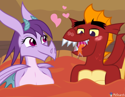 Size: 5143x4000 | Tagged: suggestive, artist:radomila radon, garble (mlp), prominence (mlp), dragon, fictional species, western dragon, anthro, friendship is magic, hasbro, my little pony, absurd resolution, ahegao, blue body, blue hair, breasts, duo, female, garbinence (mlp), hair, heart, horn, horns, lava, male, male/female, open mouth, red body, saliva, sharp teeth, shipping, teeth, tongue, tongue out, webbed wings, wings