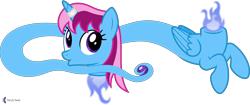 Size: 9508x4000 | Tagged: safe, artist:parclytaxel, oc, oc only, oc:parcly taxel, alicorn, dullahan, equine, fictional species, genie, genie pony, mammal, pony, feral, hasbro, my little pony, .svg available, :o, absurd resolution, blue body, blue fire, detachable head, disembodied head, female, fire, floating, gem, hair, headless, horn ring, looking back, modular, multicolored hair, pink hair, purple eyes, ring, simple background, solo, solo female, transparent background, two toned hair, vector