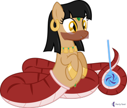 Size: 4712x4000 | Tagged: safe, artist:parclytaxel, oc, oc only, oc:parcly taxel, oc:sahara, earth pony, equine, fictional species, hybrid, mammal, pony, reptile, snake, snake pony, feral, lamia, friendship is magic, hasbro, my little pony, .svg available, absurd resolution, albumin flask, black hair, bottle, circlet, coils, ear piercing, earring, female, gold, green body, hair, happy, jewelry, necklace, piercing, red body, red scales, scales, simple background, slit pupils, smiling, snake tail, solo, solo female, tail, tan body, transparent background, vector, veil, wrist cuff