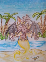 Size: 3120x4160 | Tagged: suggestive, artist:lord genie julius, oc, oc only, oc:mocha the bat, bat, fictional species, genie, mammal, anthro, sega, sonic the hedgehog (series), bat wings, breasts, ear piercing, earring, female, floating, green hair, hair, high res, irl, lidded eyes, looking at you, magic lamp, outdoors, photo, photographed artwork, piercing, red body, solo, solo female, spread wings, traditional art, tree, webbed wings, wings, wrist cuff