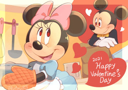 Size: 850x599 | Tagged: safe, artist:takatmaorange, mickey mouse (disney), minnie mouse (disney), mammal, mouse, rodent, anthro, disney, mickey and friends, 2021, 2d, bow, cute, duo, female, heart, holiday, male, male/female, mickeyminnie (disney), murine, open mouth, oven gloves, puffy sleeves, shipping, thinking, tongue, valentine's day, wholesome