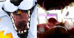Size: 1280x665 | Tagged: suggestive, artist:maneymaw, canine, fox, mammal, maned wolf, anthro, ambiguous gender, bondage, bust, mawplay, mawshot, micro, open mouth, oral vore, picture-in-picture, saliva, size difference, string, vore