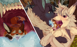 Size: 1200x729 | Tagged: suggestive, artist:voregence, canine, fox, lagomorph, mammal, rabbit, feral, ambiguous gender, bust, group, kissing, mawplay, mawshot, micro, open mouth, oral vore, picture-in-picture, saliva, scenery, size difference, trio, vore, vore snowballing