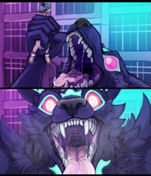 Size: 1101x1280 | Tagged: suggestive, artist:acidic, michiru kagemori (bna), shirou ogami (bna), animal humanoid, canine, fictional species, mammal, raccoon dog, wolf, anthro, humanoid, bna: brand new animal, bust, imminent vore, macro, mawshot, open mouth, picture-in-picture, saliva, size difference