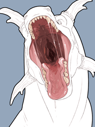 Size: 896x1198 | Tagged: suggestive, artist:imperatorcaesar, oc, oc:densel (imperatorcaesar), dragon, fictional species, reptile, scaled dragon, feral, bust, horns, mawshot, open mouth, saliva, sharp teeth, teeth, tongue, tongue out