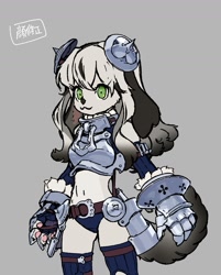 Size: 1361x1697 | Tagged: safe, artist:gomtaros, oc, oc only, canine, dog, mammal, anthro, digitigrade anthro, armor, clothes, female, gauntlets, green eyes, midriff, panties, solo, solo female, underwear