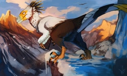 Size: 1280x768 | Tagged: safe, artist:art of the beast, dinosaur, raptor, theropod, utahraptor, feral, ambiguous gender, mountain, scenery, scenery porn, snow, solo, solo ambiguous