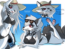 Size: 2048x1536 | Tagged: safe, artist:capaoculta, loona (vivzmind), canine, fictional species, hellhound, mammal, anthro, digitigrade anthro, hazbin hotel, helluva boss, 2021, angry, big breasts, bikini, border, breasts, choker, clothes, colored sclera, dialogue, female, glasses, hat, paws, red sclera, smiling, solo, solo female, spiked choker, sunglasses, swimsuit, talking, unamused, underpaw, white border