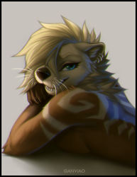 Size: 893x1155 | Tagged: safe, artist:falvie, oc, oc:kylie (sirdaemon), mammal, mustelid, otter, anthro, 2019, black border, black nose, blonde hair, blue eyes, border, breasts, brown body, brown fur, bust, ear piercing, fangs, female, fur, hair, hair over one eye, looking at you, lying down, open mouth, piercing, portrait, sharp teeth, sideboob, simple background, solo, solo female, teeth, whiskers