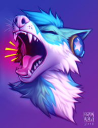 Size: 893x1155 | Tagged: safe, artist:falvie, canine, mammal, ambiguous form, ambiguous gender, blue body, blue fur, bust, cheek fluff, chest fluff, digital art, eyes closed, fluff, fur, gradient background, headphones, multicolored fur, open mouth, pink nose, portrait, sharp teeth, solo, solo ambiguous, teeth, three-quarter view, tongue, white body, white fur