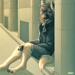 Size: 900x900 | Tagged: safe, artist:falvie, canine, mammal, anthro, blue eyes, bottomwear, bust, city, clothes, collar, digital art, fluff, fur, green body, green fur, grin, jacket, looking at you, multicolored fur, neck fluff, pants, portrait, scenery, sitting, solo, topwear, two toned body, two toned fur, white body, white fur