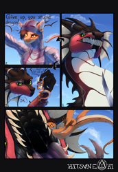 Size: 880x1280 | Tagged: suggestive, artist:hakkerman, anthro, feral, comic:snack in the armor, ambiguous gender, armor, bust, comic, dialogue, duo, imminent vore, macro, mawshot, open mouth, saliva, scenery, size difference, sky