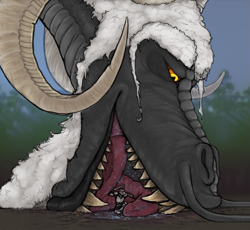 Size: 1215x1119 | Tagged: suggestive, artist:kclt, ambiguous species, dragon, eastern dragon, fictional species, reptile, scaled dragon, feral, humanoid, horns, imminent vore, knight, macro, saliva, tongue, tongue out