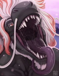 Size: 1004x1280 | Tagged: suggestive, artist:nevolsky, dragon, fictional species, reptile, scaled dragon, anthro, ambiguous gender, bust, glasses, mawshot, open mouth, saliva, sharp teeth, teeth, tongue, tongue out