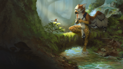 Size: 2000x1125 | Tagged: safe, artist:nordeva, bird, bird of prey, cheetah, feline, fictional species, gryphon, hawk, mammal, songbird, anthro, feral, 16:9, camera, duo, feathered wings, feathers, forest, moss, scenery, scenery porn, streams, tree, wallpaper, wings
