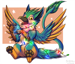 Size: 963x830 | Tagged: safe, artist:cheefurraacc, oc, oc:coulias, bird, feline, fictional species, gryphon, mammal, feral, christmas lights, feathered wings, feathers, lights, spread wings, wings