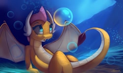 Size: 1280x759 | Tagged: safe, artist:journeyxp13, smolder (mlp), dragon, fictional species, reptile, scaled dragon, western dragon, anthro, friendship is magic, hasbro, my little pony, bubbles, horns, solo, spread wings, underwater, water, webbed wings, wings