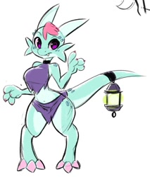 Size: 818x960 | Tagged: safe, artist:awdtwit, fictional species, kobold, reptile, anthro, female, horns, lantern, solo, solo female, tail
