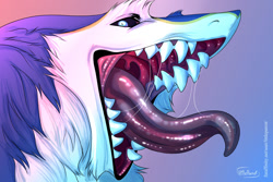 Size: 1280x854 | Tagged: suggestive, artist:a_blue_sergal, artist:littleparrot, fictional species, mammal, sergal, anthro, ambiguous gender, bust, mawshot, open mouth, saliva, sharp teeth, solo, solo ambiguous, teeth, tongue, tongue out