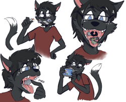 Size: 768x623 | Tagged: suggestive, artist:sir-prince, cat, feline, mammal, anthro, glasses, object vore, open mouth, solo