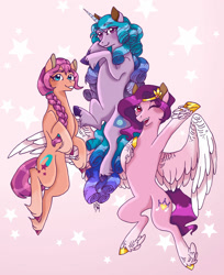 Size: 1280x1568 | Tagged: safe, artist:fountainstranger, izzy moonbow (mlp), pipp petals (mlp), sunny starscout (mlp), earth pony, equine, fictional species, mammal, pegasus, pony, unicorn, feral, hasbro, my little pony, my little pony g5, spoiler, spoiler:my little pony g5, 2021, braid, circlet, cutie mark, feathered wings, feathers, female, females only, gradient mane, hair, hooves, horn, horn pattern, mare, simple background, socks (leg marking), speculation, tail, trio, trio female, unshorn fetlocks, wings