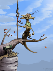 Size: 2376x3185 | Tagged: safe, artist:starstruckechoid, fictional species, yinglet, semi-anthro, the out-of-placers, belt, clothes, cloud, high res, male, sky, solo, solo male, spear, tail, tree branch, weapon