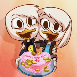 Size: 850x850 | Tagged: safe, artist:khionyohannmendoza, della duck (disney), donald duck (disney), bird, duck, waterfowl, anthro, disney, ducktales, ducktales (2017), mickey and friends, 2d, brother, brother and sister, cake, coin, cute, duo, duo male and female, female, food, holiday, male, siblings, sister, valentine's day, young, younger