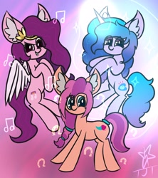 Size: 1930x2172 | Tagged: safe, artist:tjt_mlp, izzy moonbow (mlp), pipp petals (mlp), sunny starscout (mlp), earth pony, equine, fictional species, mammal, pegasus, pony, unicorn, feral, hasbro, my little pony, my little pony g5, spoiler, spoiler:my little pony g5, 2021, big eyes, braid, circlet, cutie mark, ear fluff, feathered wings, feathers, female, females only, fluff, glowing, glowing horn, gradient mane, hair, high res, horn, horn pattern, mare, musical note, simple background, smiling, speculation, tail, trio, trio female, white wings, wings