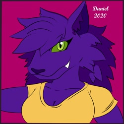Size: 2048x2048 | Tagged: safe, artist:rina_martz, oc, oc only, oc:maya (isaiahtse), canine, fictional species, mammal, werewolf, anthro, 2020, bust, clothes, commission, female, fur, green eyes, high res, icon, purple body, purple fur, simple background, watermark