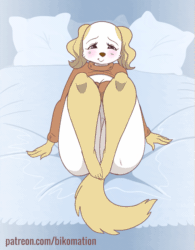 Size: 781x1000 | Tagged: suggestive, artist:bikomation, inui (aggretsuko), canine, dog, mammal, anthro, aggretsuko, sanrio, spoiler, spoiler:aggretsuko s3, 2020, 2d, 2d animation, advertisement, animated, bed, belly button, big breasts, blushing, bra, breasts, brown nose, claws, cleavage, clothes, dialogue, eyebrows, eyelashes, female, frame by frame, fur, gif, long ears, looking at you, multicolored fur, open mouth, panties, paws, pillow, smiling, smiling at you, solo, solo female, spread legs, sweater, tail, talking, talking to viewer, thick thighs, thighs, topwear, two toned body, two toned fur, underpaw, underwear, white body, white fur, yellow body, yellow fur