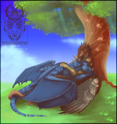 Size: 802x851 | Tagged: safe, artist:skysealer, bird, dragon, feline, fictional species, gryphon, mammal, reptile, scaled dragon, feral, ambiguous gender, blue scales, cuddling, duo, eyes closed, hug, scales, scenery, sleeping, tree, webbed wings, wings