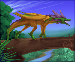 Size: 1000x828 | Tagged: safe, artist:skysealer, dragon, fictional species, reptile, scaled dragon, feral, background, forest, solo, webbed wings, wings