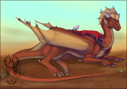 Size: 1080x762 | Tagged: safe, artist:skysealer, canine, dragon, fictional species, mammal, reptile, scaled dragon, western dragon, wolf, feral, ambiguous gender, black body, black fur, claws, desert, duo, folded wings, fur, horns, long tail, lying down, obtrusive watermark, on back, orange body, prone, red body, red fur, reptile feet, reptile soles, scales, scenery, soles, tail, watermark, webbed wings, wings