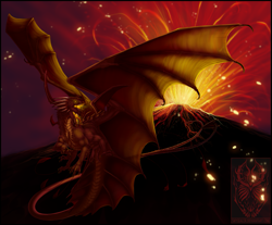 Size: 1241x1030 | Tagged: safe, artist:skysealer, dragon, fictional species, reptile, scaled dragon, feral, lava, scenery, solo, volcano, webbed wings, wings