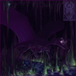 Size: 1149x1140 | Tagged: safe, artist:skysealer, dragon, fictional species, reptile, scaled dragon, feral, cave, scenery, solo, webbed wings, wings