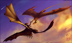 Size: 1500x905 | Tagged: safe, artist:skysealer, dragon, fictional species, reptile, scaled dragon, feral, cloud, duo, flying, scenery, sky, webbed wings, wings