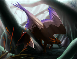 Size: 947x734 | Tagged: safe, artist:skysealer, bird, feline, fictional species, gryphon, mammal, feral, feathered wings, feathers, forest, scenery, solo, wings
